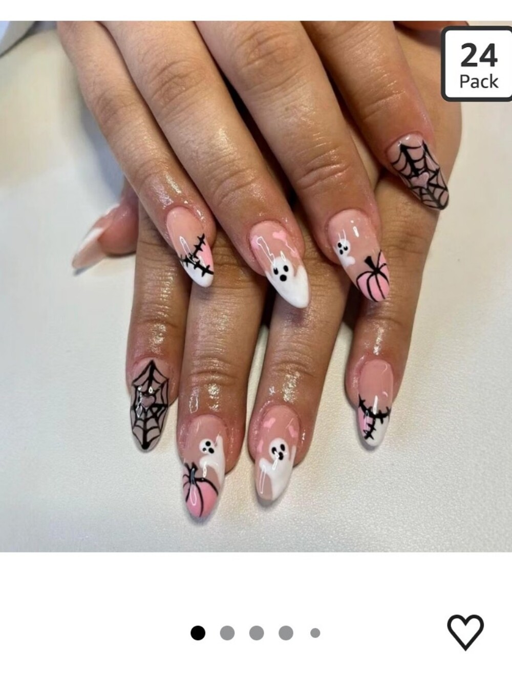 Pink & White Halloween Ghost Spider Web Nails - 24 Pack